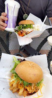 Smokey chipotle and spicy Buffalo sandwich with a milk shake