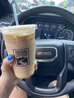 Iced caramel macchiato with oat milk