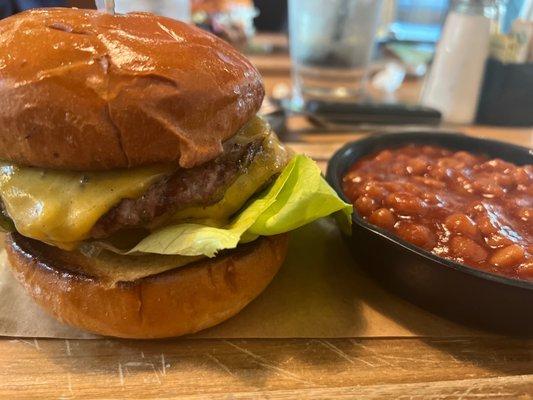 Double cheeseburger and beans