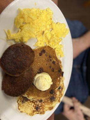 Combo eggs sausage pancake