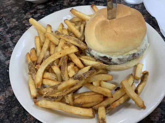 Mushroom Swiss burger and fries