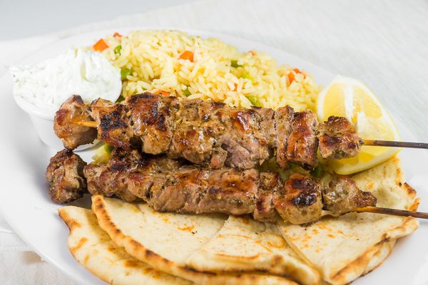 Pork Souvlaki Sticks with Rice