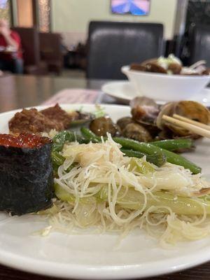 Mai Fun Noodles, Ikura Sushi, Sautéed Green Beans, Spareribs, Clams in Black Bean Sauce