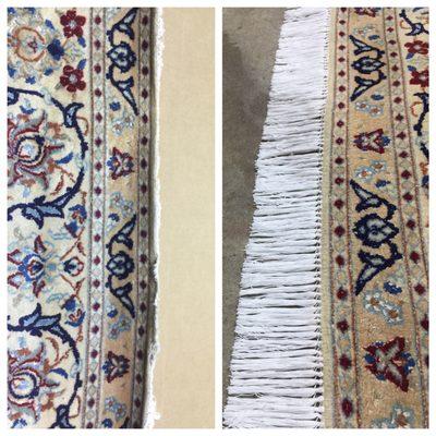 Before & after of fringe repair that was done on a rug where the  ends were secured and fringe was added to give the rug it's original look