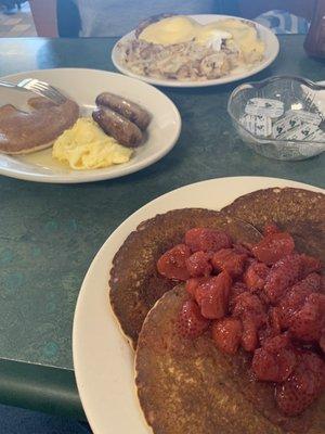 Strawberry pancakes, eggs Benedict, and kids sausage, egg, and pancake meal