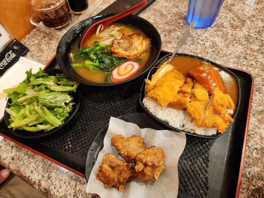 Ramen, mochiko chicken and chicken katsu curry combo meal