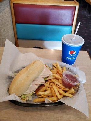 Turkey and provolone sub, small fry, small drink