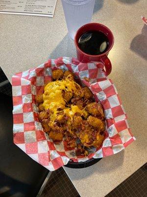 Loaded tots and black coffee