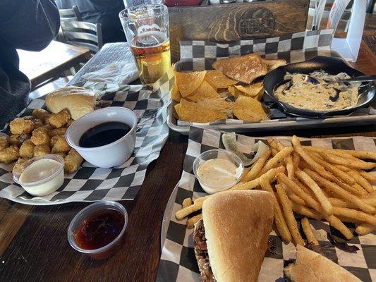 French Dip Sandwich made with ribeye, Brisket Melt Sandwich Spinach and Artichoke Dip!