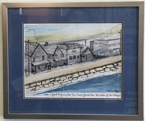 Local mixed media art of Canal Street in Canastota, matted and framed. Available for sale.