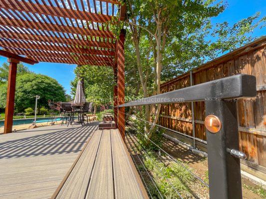 Trex Deck, Cedar Pergola, Benches, and Cable Railing