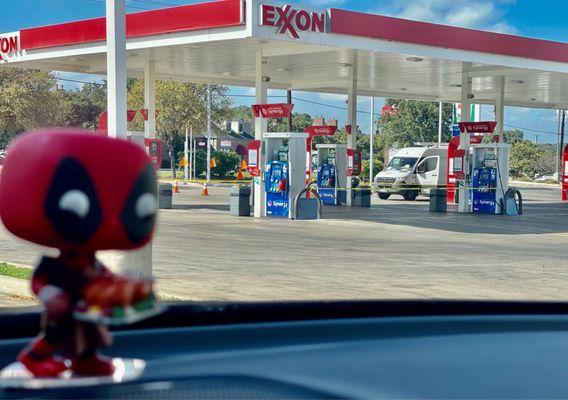 Exxon gasoline pumps...have no gas for me OR my bobbling buddy Dead Pool!