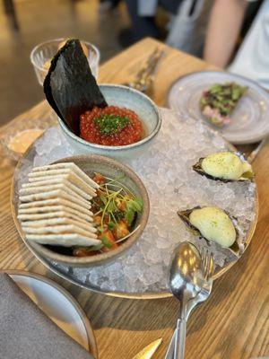 Sushi Rice, Mexican Shrimp Coctel, and Hog Island Oyster