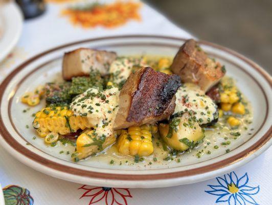 Pork belly with corn and squash