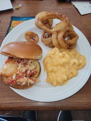 Lobster roll, mac and cheese,  onion rings.