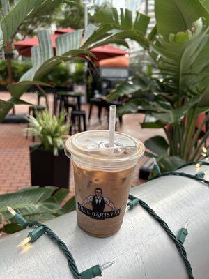 Dark cacao iced latte- not sweet but not bitter. Hits the spot.