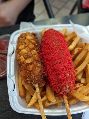 Two-Piece cheese sticks. One with potato and one with flamin Hot Cheetos