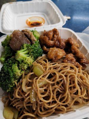 2 plate combo with chow mein, orange chicken, and broccoli and beef.