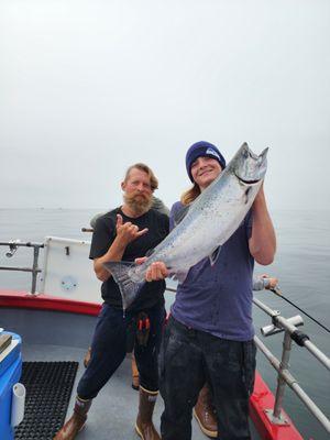 My son and his Chinook. This fish was just shy (half pound) of winning the derby!