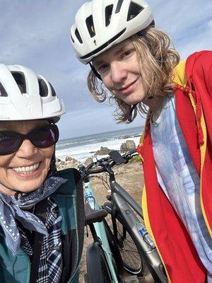 A pause by the sea on our Mad Dogs and Englishmen e-bikes.