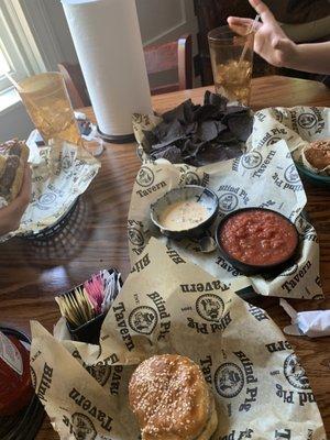 Chips, Queso, Salsa, and 3 The American Dream cheeseburgers