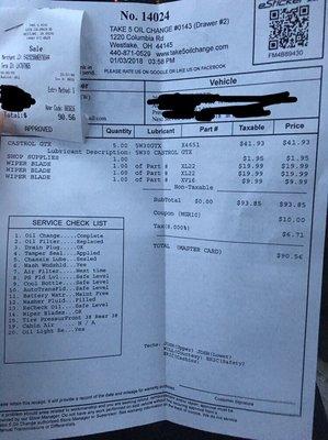 Receipt from oil change