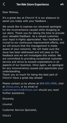 Customer service response after terrible customer service