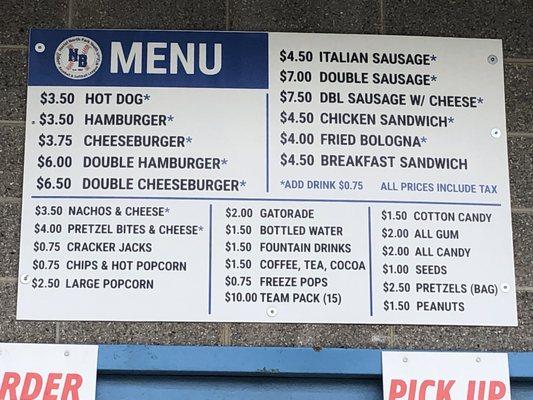 Menu at Shoshone Park's Concession Stand