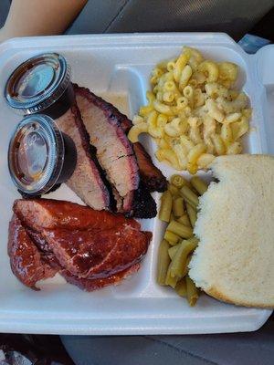 Sausage, Brisket, mac n cheese and green beans.