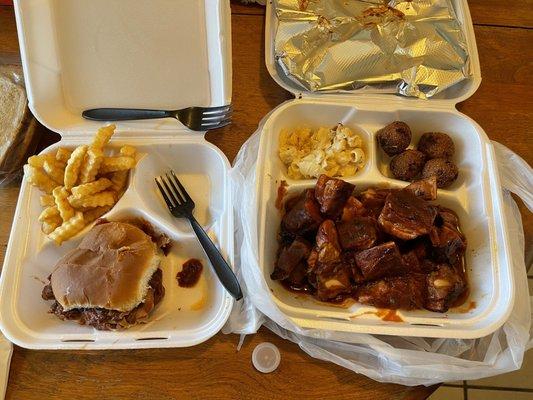 Sliced Beef Sandwich and Fries with Rib Tip Plate, Mac & Cheese and Hush Puppies