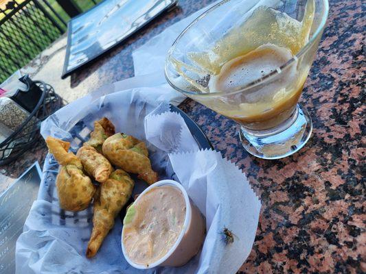 Gacamole bites,  Mahi Mahi, and chocolate Carmel cheesecake