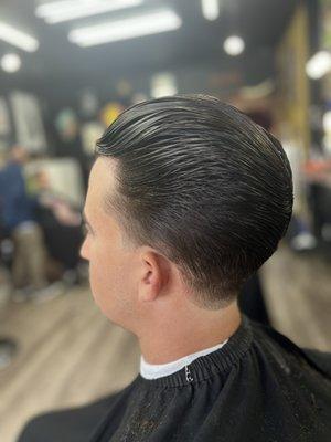 Low fade with shear work on top