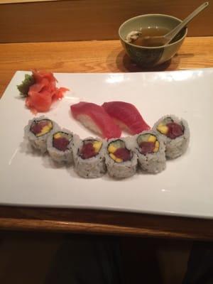 Tuna roll with cucumber and mango.  So good