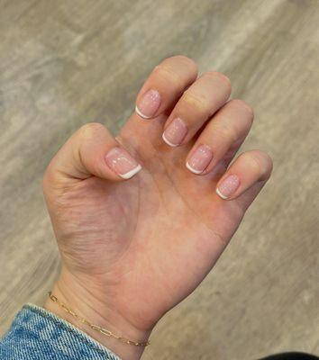 French Gel Short Nails Manicure. The base color is 8 Opi and 1 Opi for the line