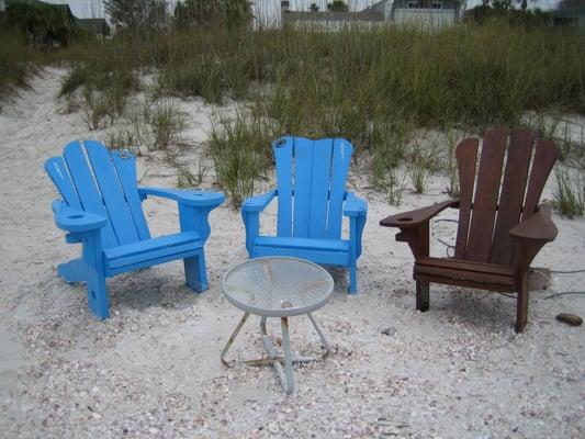 After photo (the blue chairs are the repaired chairs, the brown one is a new addition)