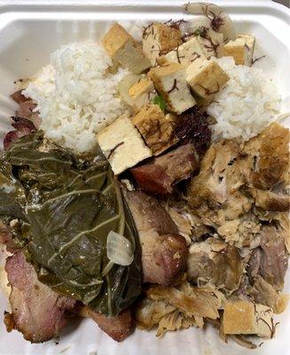 The Plate! Short rib luau bomb, smoked meat, tofu poke, kalua pork.  Ono, Ono, Ono!!