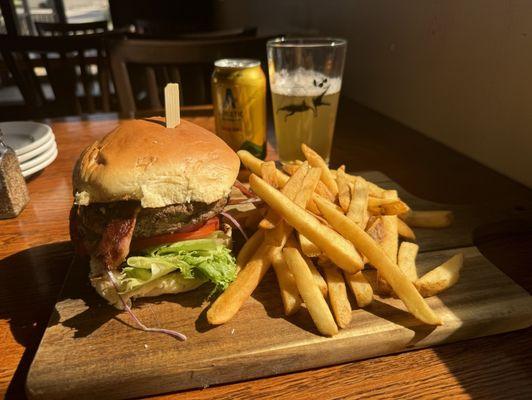 Blue cheese burger, fries, non-alcoholic beer.