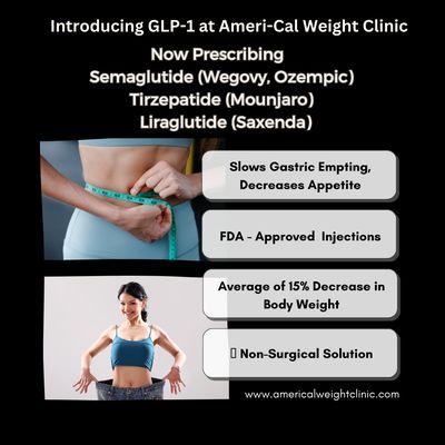 Introducing GLP-1's for weight loss.   Now Prescribing: Semaglutide(Wegovy, Ozempic)
Tirzepatide(Mounjaro)
Liraglutide(Saxenda)