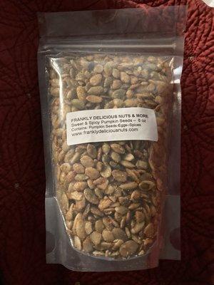 Ingredients list on 8oz package of Sweet & Spicy Pumpkin seeds