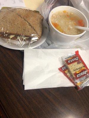 Chicken salad sandwich special on wheat bread with a large soup of the day - chicken w rice. $6.95