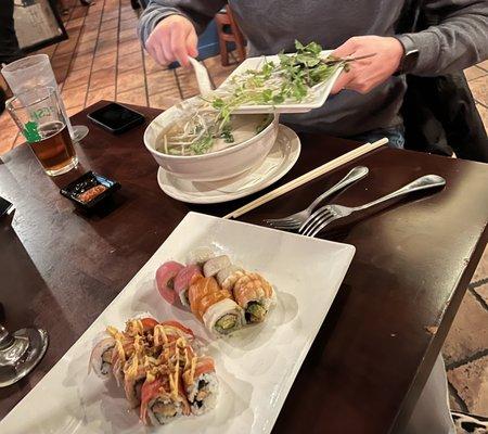 Chicken pho, rainbow roll, Maui wowie roll