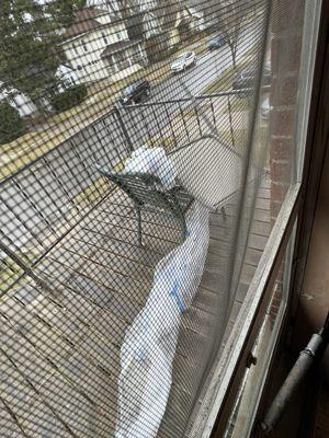 Fridge n stove were stored and covered in a clear plastic tarp that was left on deck. They left it this way after job.