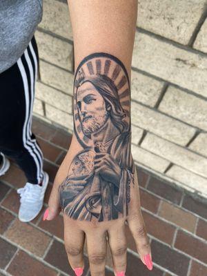 San Judas black and grey tattoo