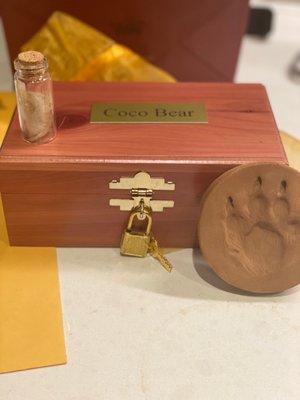 Hair vial, paw print & coco's urn