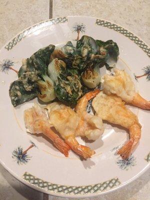 Fried Tempura shrimp and fried bok choy.