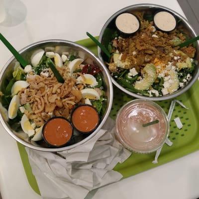 Cajun COBB and The Border salads with a half raspberry lemonade half frozen lemonade