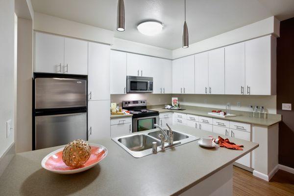 Kitchen with stainless steel appliances and hardwood style vinyl flooring.