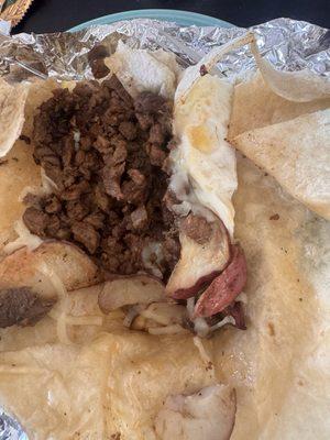 Supposed to be a California Breakfast Burrito. It's just a rubbery fried egg and bland carne asada