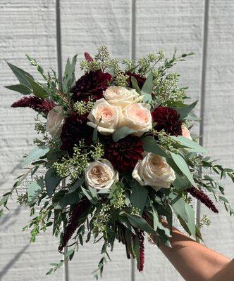 O'Hara garden roses, dahlias, seeded eucalyptus and gunni eucalyptus