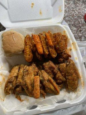 Spicy garlic wings (bottom) and hot lemon pepper (top)